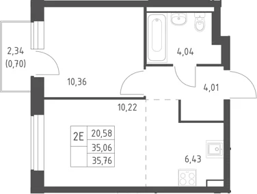 Планировка: Евродвушка 35,1 м² в ЖК «Горки Парк»