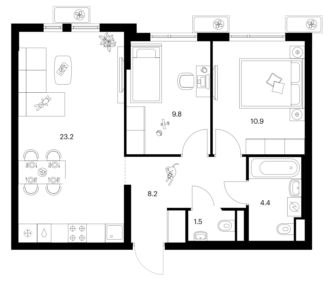 Планировка: 2-комнатная квартира 58 м² в ЖК «Белая Дача парк»