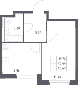 Планировка: 1-комнатная квартира 35 м² в ЖК «Прибрежный Парк»