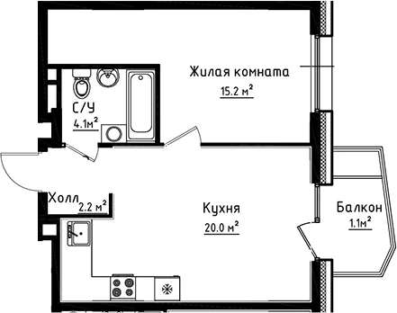 Планировка: 1-комнатная квартира 41,5 м² в ЖК «Коллекция»