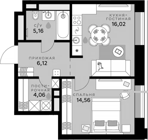 Планировка: Евродвушка 45,9 м² в ЖК «СберСити»