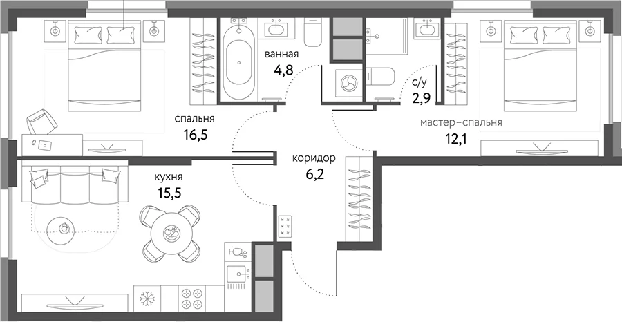 Планировка: 2-комнатная квартира 58 м² в ЖК «Сиреневый парк»