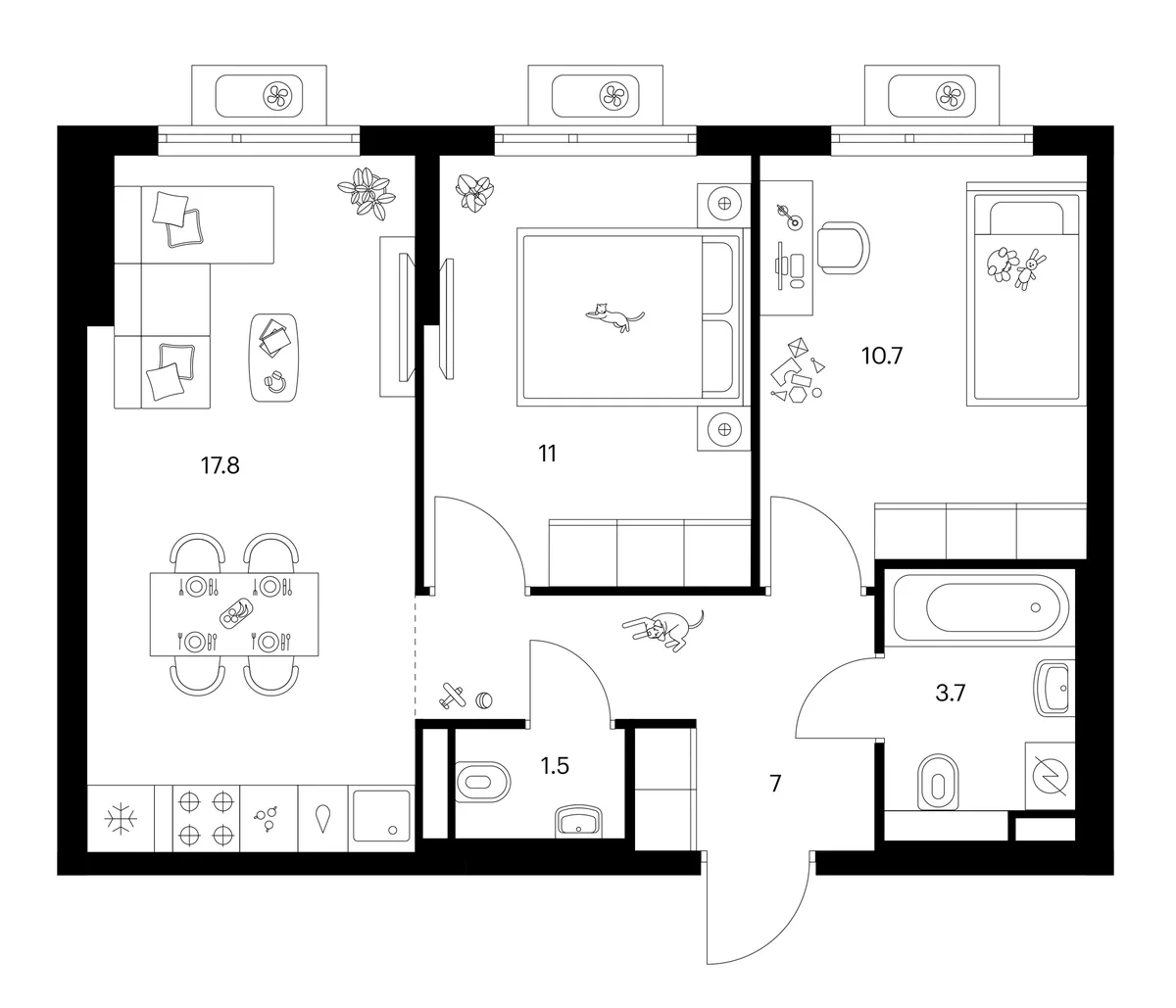 Планировка: 2-комнатная квартира 51,7 м² в ЖК «Белая Дача парк»