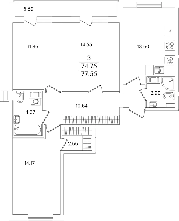 Планировка: 3-комнатная квартира 74,8 м² в ЖК «Кинопарк»
