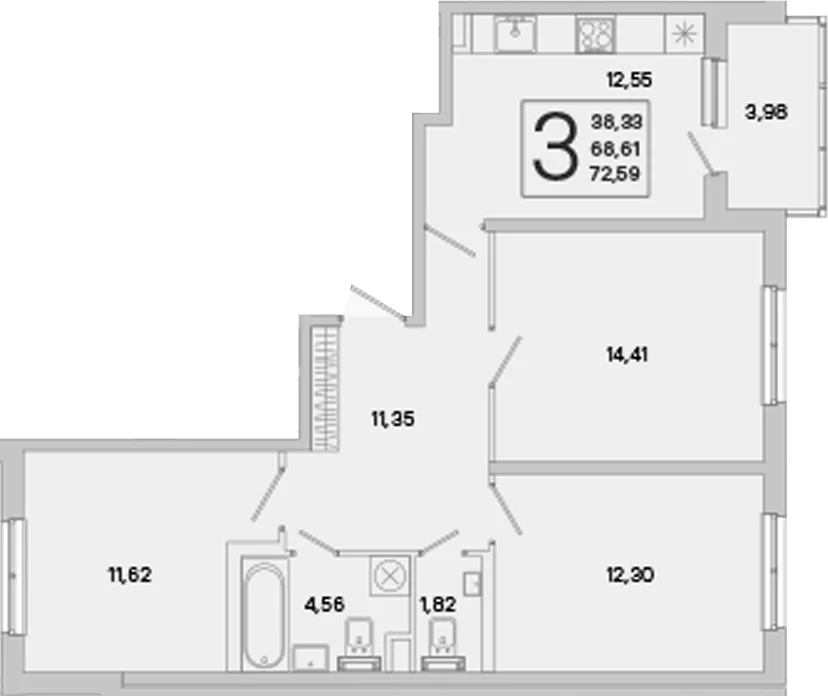 Планировка: 3-комнатная квартира 68,6 м² в ЖК «ЮгТаун. Олимпийские кварталы»