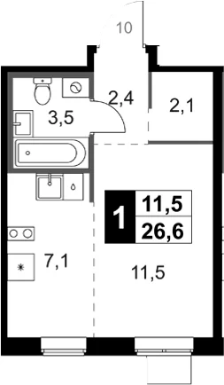 Планировка: Студия 27,3 м² в ЖК «1-й Ясеневский»