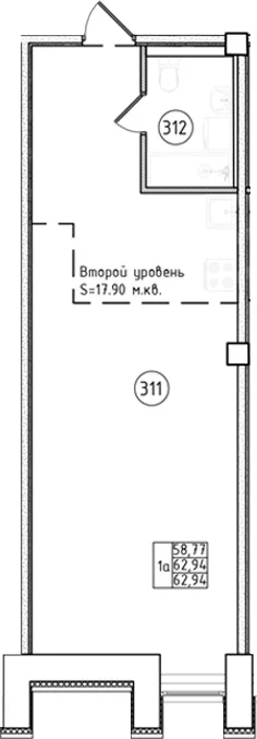 Планировка: Студия 62,9 м² в ЖК «Апарт-отель Фомин»