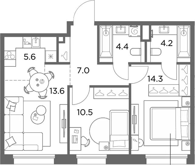 Планировка: Евротрёшка 59,6 м² в ЖК «Станиславский»