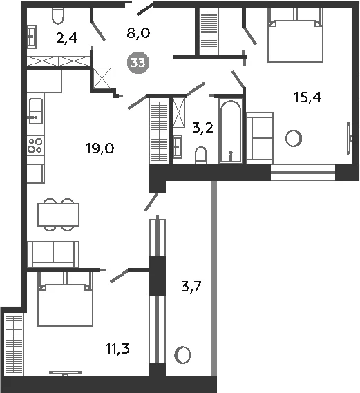 Планировка: Евротрёшка 59,3 м² в ЖК «Графская слобода в Песках»