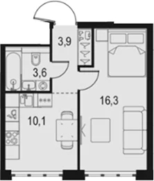 Планировка: 1-комнатная квартира 33,9 м² в ЖК «Левел Южнопортовая»