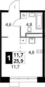 Планировка: Студия 25,9 м² в ЖК «1-й Саларьевский»