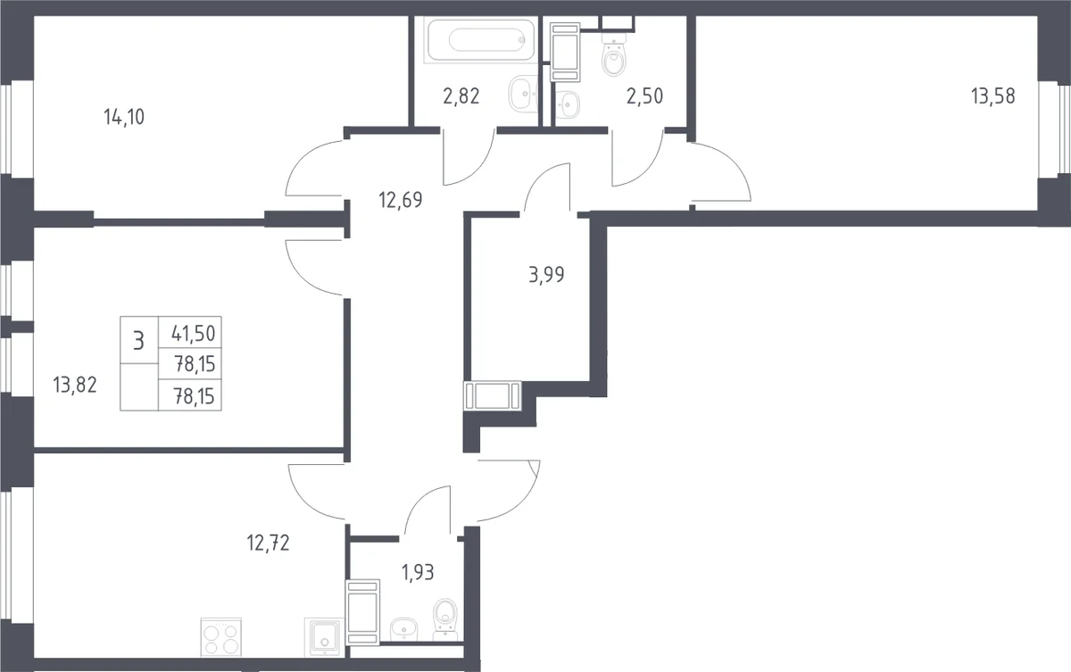 Планировка: 3-комнатная квартира 78,2 м² в ЖК «Большое Путилково»