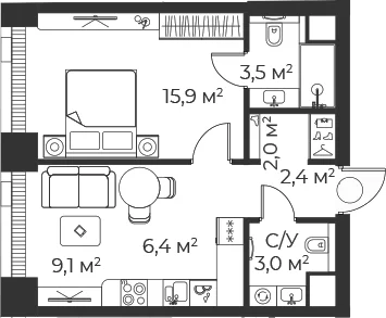 Планировка: Евродвушка 39,5 м² в ЖК «Веер»
