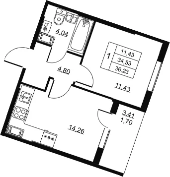 Планировка: 1-комнатная квартира 34,5 м² в ЖК «Высота. Всеволожск»