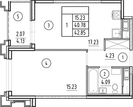 Планировка: Евродвушка 40,8 м² в ЖК «Ассамблея»