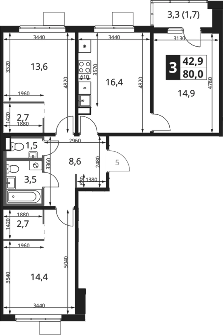 Планировка: 3-комнатная квартира 78,3 м² в ЖК «1-й Ясеневский»