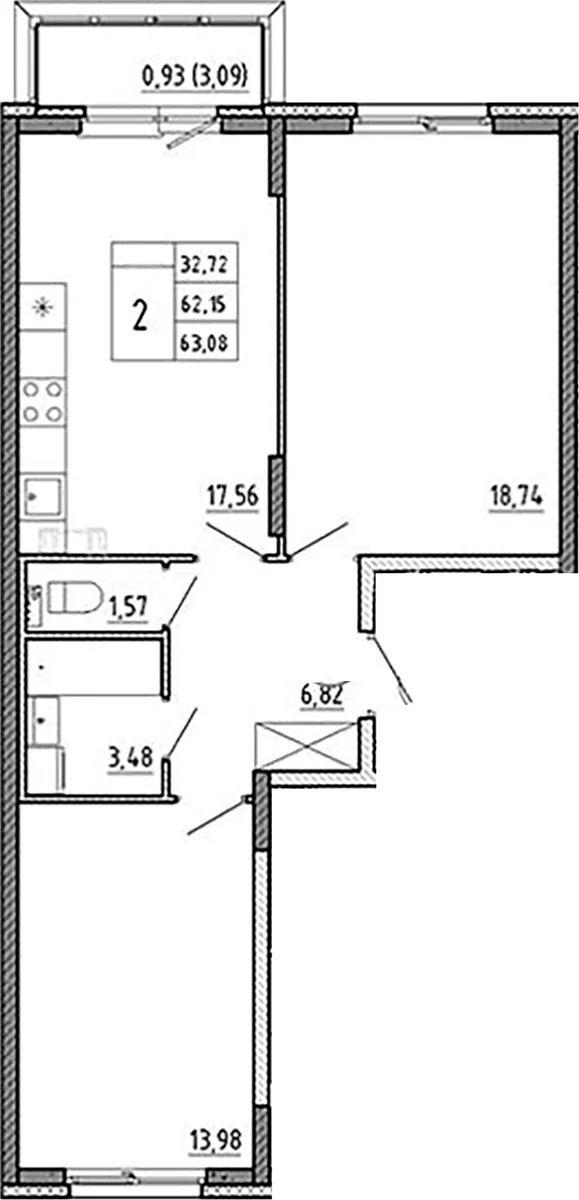 Планировка: Евротрёшка 62,2 м² в ЖК «Аннино Сити»