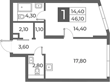 Планировка: 1-комнатная квартира 46,1 м² в ЖК «Даниловский от Гранель»