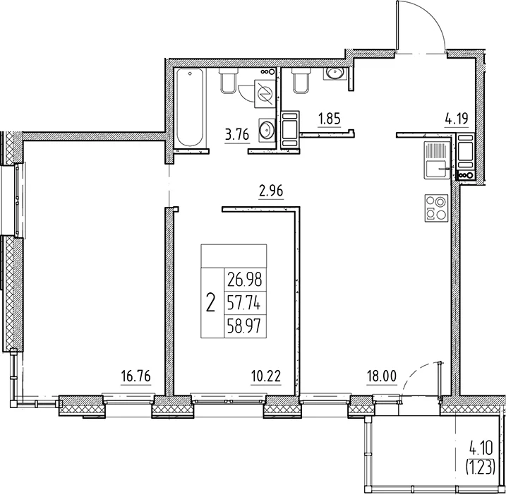 Планировка: Евротрёшка 57,7 м² в ЖК «Сезоны»