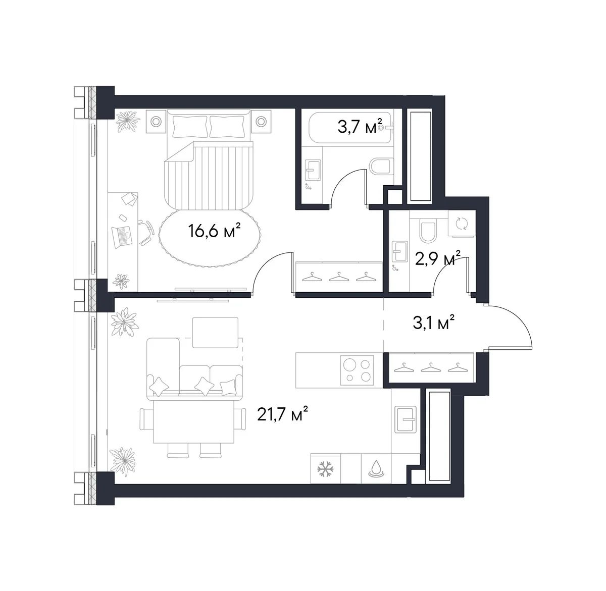 Планировка: 1-комнатная квартира 48 м² в ЖК «Первый Нагатинский»