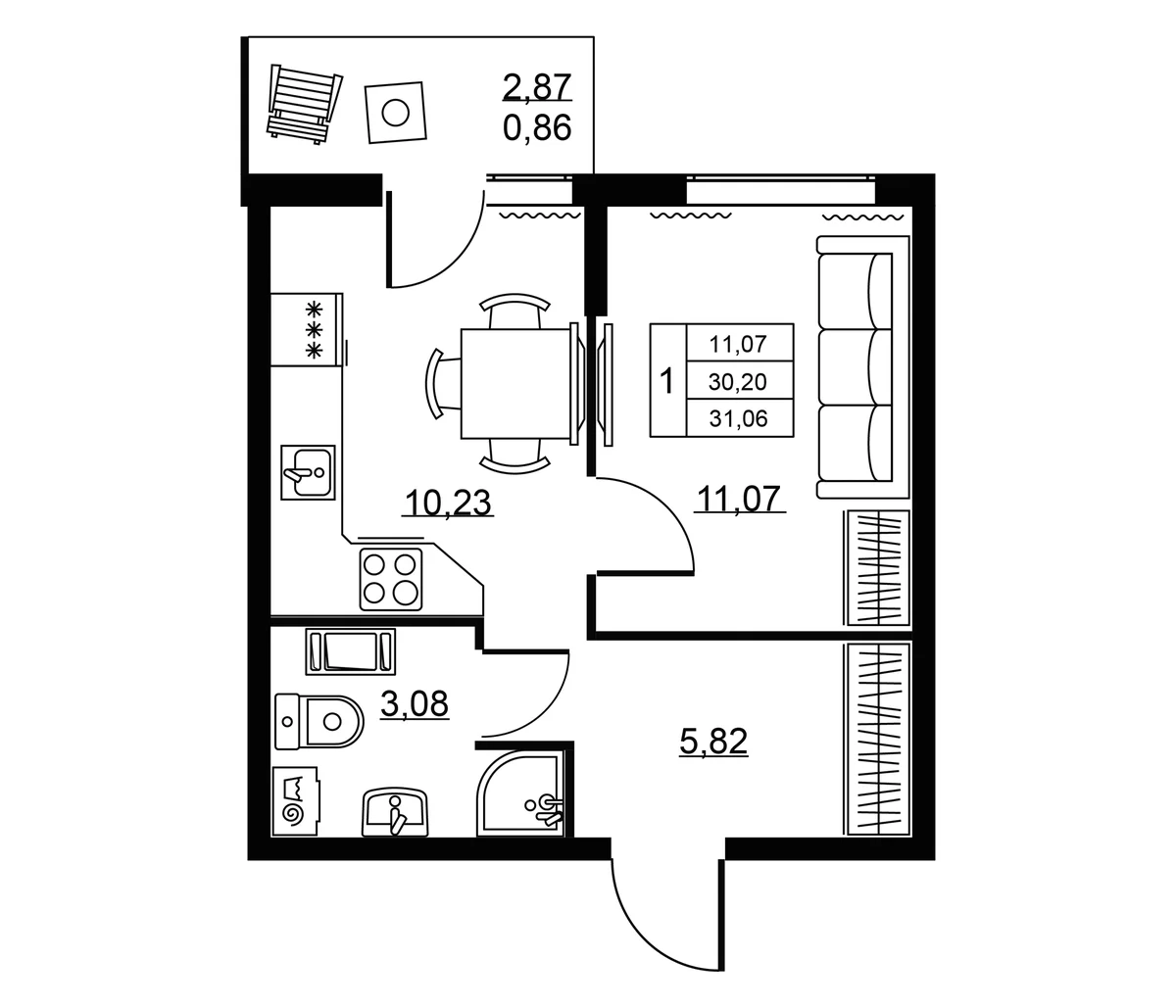 Планировка: 1-комнатная квартира 30,2 м² в ЖК «Пулковское, 34»