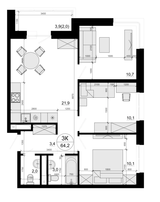 Планировка: 3-комнатная квартира 61,2 м² в ЖК «Одинцовские Кварталы Эволюция»