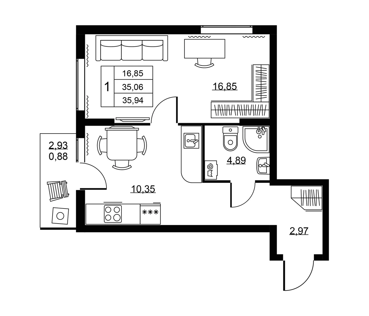 Планировка: 1-комнатная квартира 35,1 м² в ЖК «Пулковское, 34»
