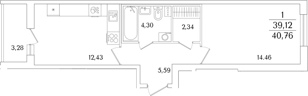Планировка: 1-комнатная квартира 39,1 м² в ЖК «Кинопарк»