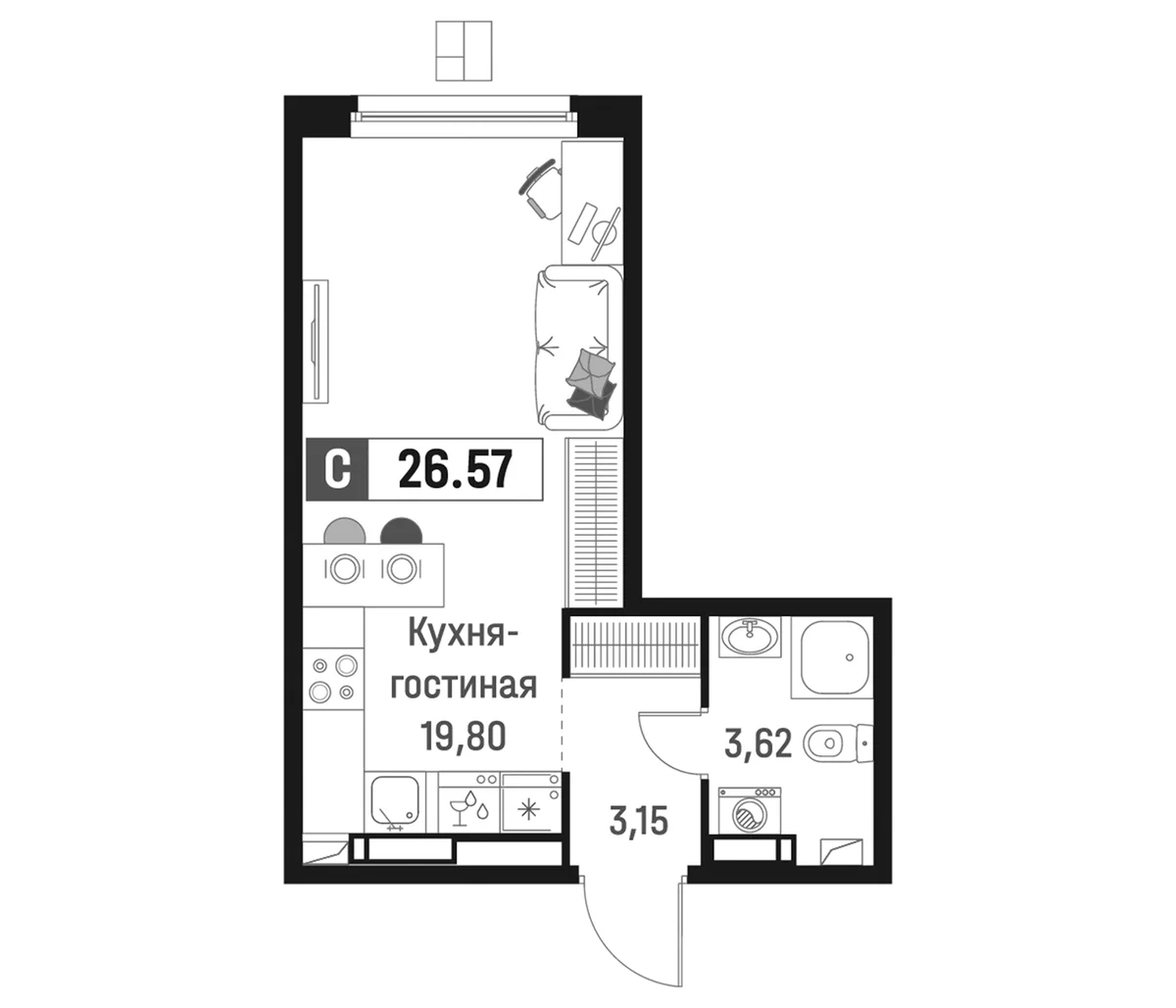 Планировка: Студия 26,6 м² в ЖК «Максималист»