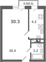Планировка: 1-комнатная квартира 29,8 м² в ЖК «Южная Долина»