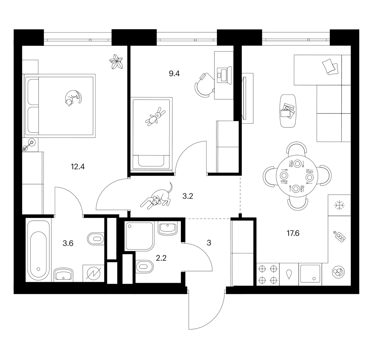 Планировка: 2-комнатная квартира 51,4 м² в ЖК «2-й Иртышский»