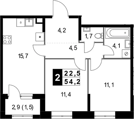 Планировка: 2-комнатная квартира 52,7 м² в ЖК «1-й Измайловский»