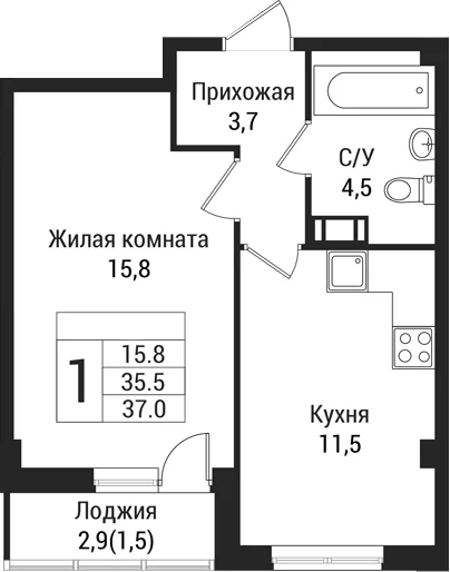 Планировка: 1-комнатная квартира 35,5 м² в ЖК «Южная Заря»