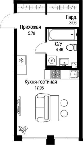 Планировка: Студия 31,3 м² в ЖК «ID Petrogradskaya»