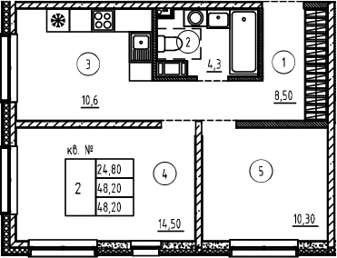 Планировка: 2-комнатная квартира 48,2 м² в ЖК «Плюс Пулковский»