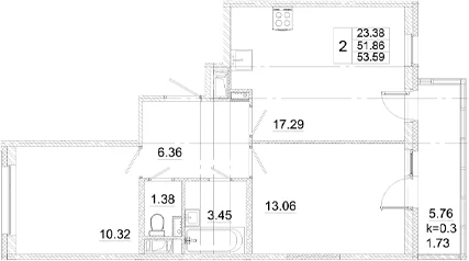 Планировка: Евротрёшка 51,9 м² в ЖК «Аэросити»
