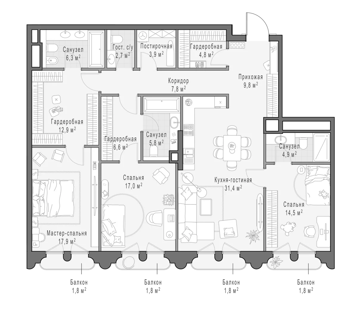 Планировка: Квартира евро-4 149,5 м² в ЖК «Клубный квартал Фрунзенский»