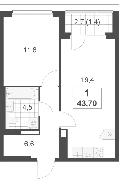 Планировка: 1-комнатная квартира 42,3 м² в ЖК «Скандинавия»
