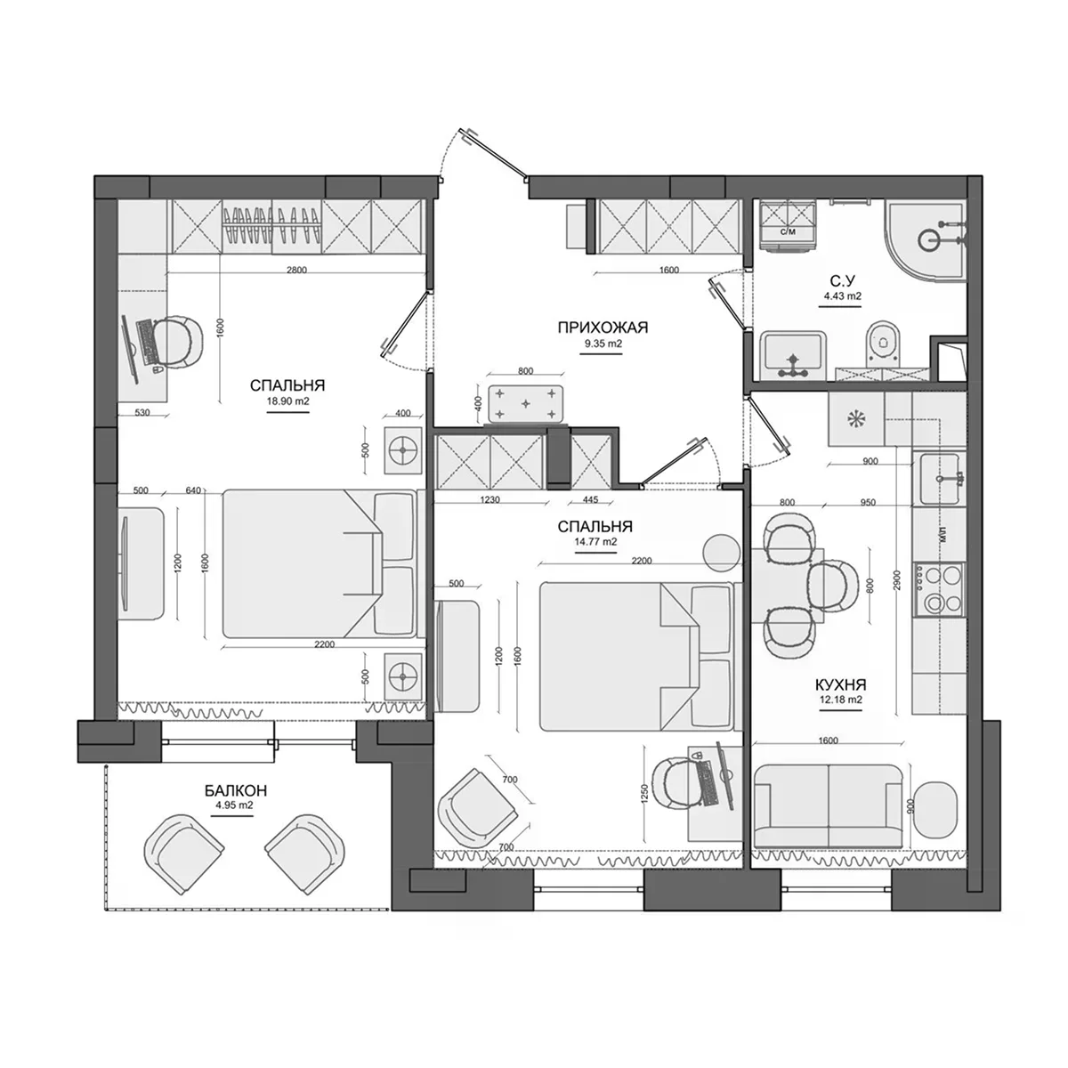 Планировка: 2-комнатная квартира 59,5 м² в ЖК «Лесной»
