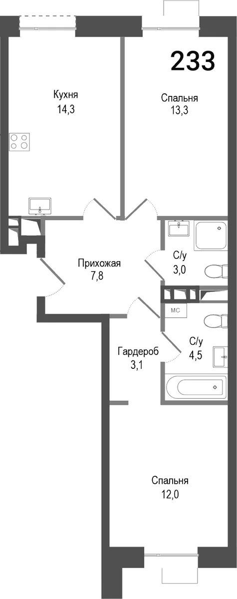 Планировка: 2-комнатная квартира 58 м² в ЖК «Киноквартал»