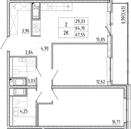 Планировка: Евротрёшка 64,1 м² в ЖК «Окла Вижн»
