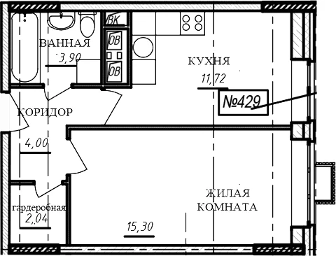 Планировка: 1-комнатная квартира 37 м² в ЖК «Краснофлотский»