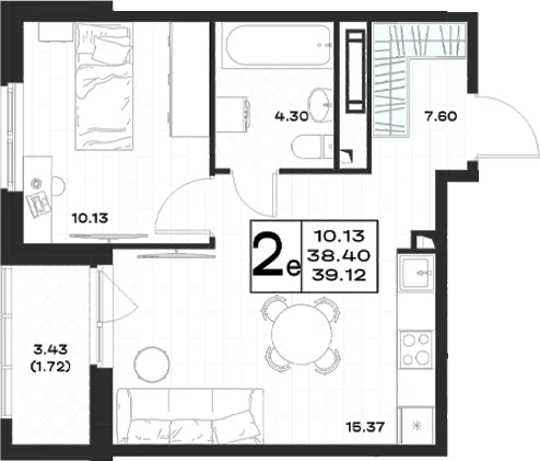Планировка: Евродвушка 37,4 м² в ЖК «Имена»