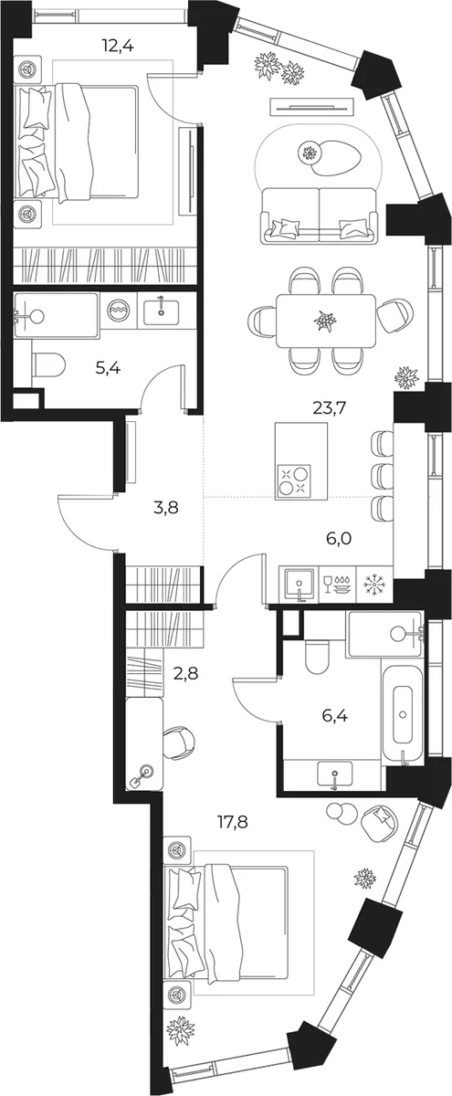 Планировка: Евротрёшка 78,3 м² в ЖК «МАСТЕРС»