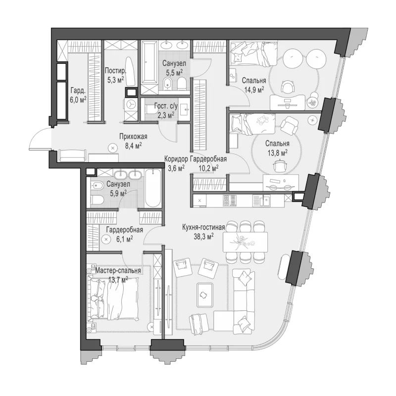 Планировка: Квартира евро-4 133,7 м² в ЖК «Квартал Тишинский бульвар»