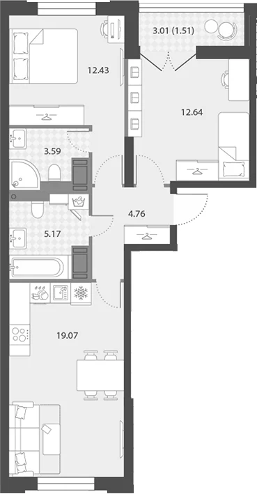 Планировка: Евротрёшка 57,7 м² в ЖК «Цивилизация на Неве»