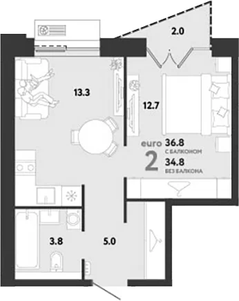 Планировка: Евродвушка 34,8 м² в ЖК «Страна.Заречная»