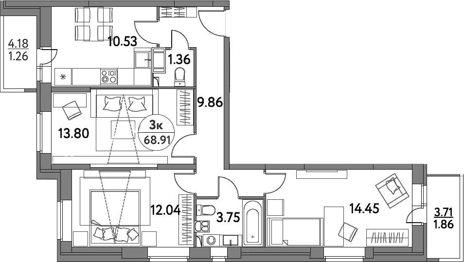 Планировка: 3-комнатная квартира 65,8 м² в ЖК «Дом на Сиреневой»