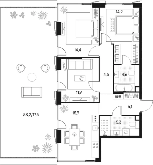 Планировка: 3-комнатная квартира 76,9 м² в ЖК «Клубный город на реке Примавера»