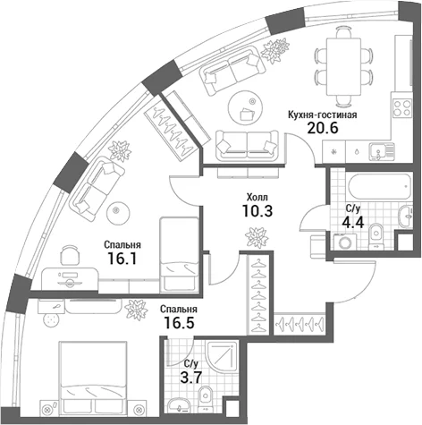 Планировка: Евротрёшка 71,6 м² в ЖК «Нагатино Ай-Лэнд»